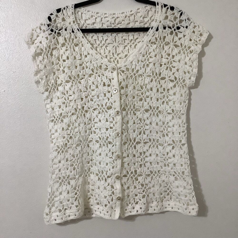 Vintage 90s White Knitted Crochet‎ Handmade Cottagecore Fairycore Cardigan XL